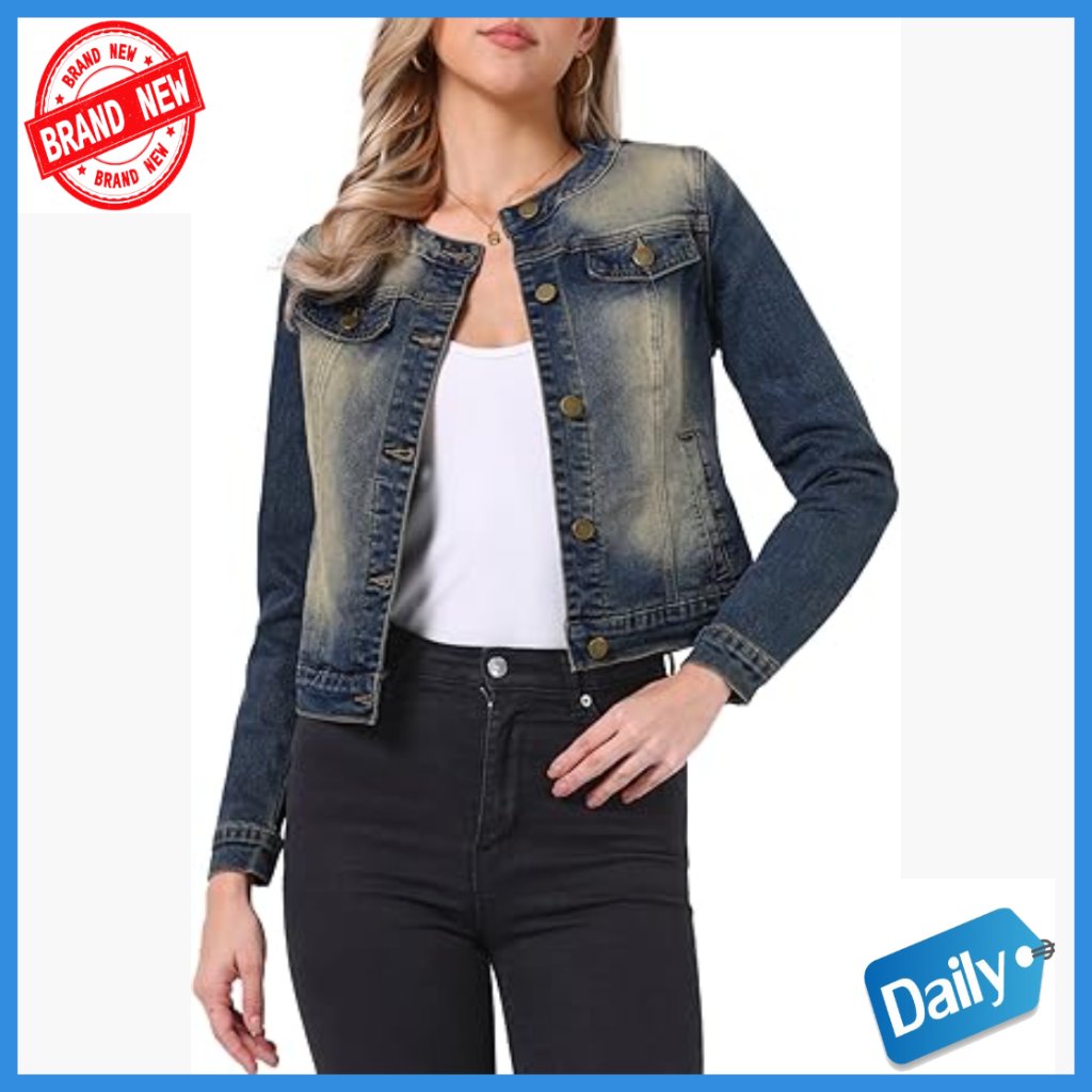 Regular Fit Denim Jacket Collarless Round Neck Button Down Long Sleeve